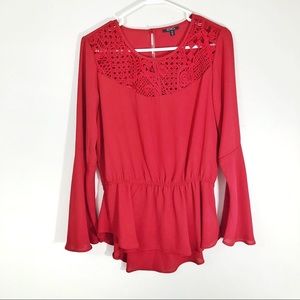 XOXO Women’s Red Lace Bell Fluted Sleeve Ruffle Blouse Romantic Top Medium
